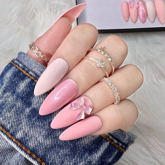 Pink Bow 🎀 Custom Press On Nails | High Quality Nails | Handmade - Picture 1 of 12